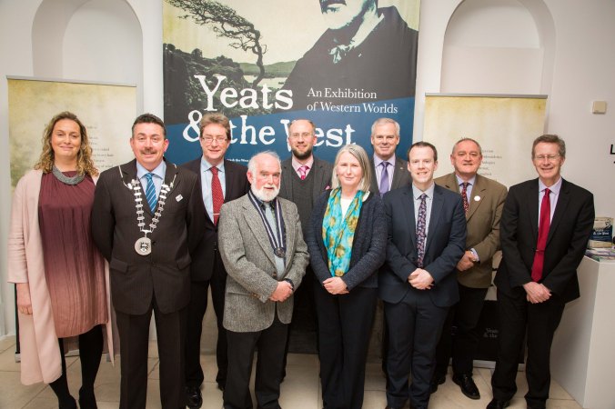 Emer McGarry, Acting Director, The Model, Cllr. Thomas Healy, Dr Jim Browne , President of NUI Galway, Martin Enright, President of Yeats Society, Sligo, Dr Adrian Paterson, NUI Galway, and curator of the exhibition, Senator Susan O'Keeffe, Ciaran Hayes, Sligo County Manager, Barry Houlihan, NUIG, Donal Tinney, Chairperson of The Model, and John Cox, NUIG, at the NUI Galway Launch of Yeats & the West Exhibition at The Model, Sligo. Photo: James Connolly 24MAR16
